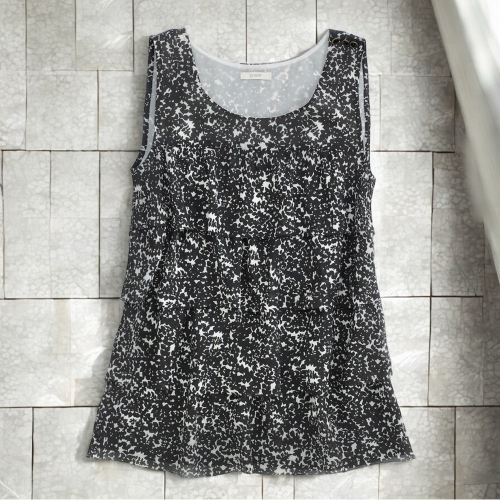 J. Crew Factory Black & White Printed Silk Tiered Cami Blouse Size 10